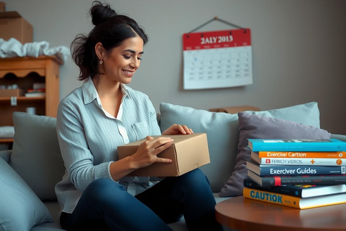 A smiling woman sitting on a couch, holding an close box of books. The setting appears to be a cozy living room with a calendar and books scattered about.