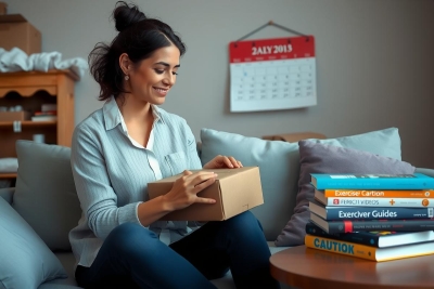 A smiling woman sitting on a couch, holding an close box of books. The setting appears to be a cozy living room with a calendar and books scattered about.
