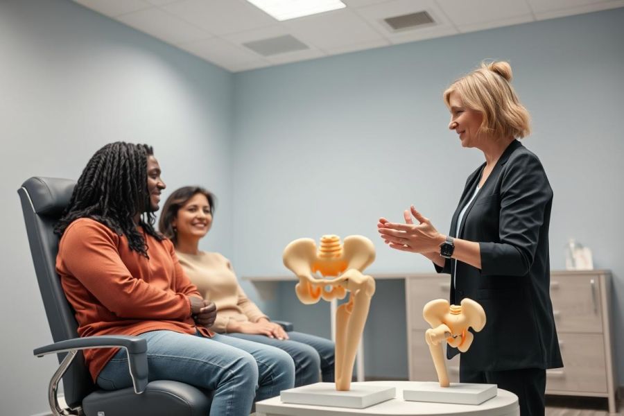 Medical consultation scene. A healthcare professional explains hip anatomy using a model to two patients in a modern, blue-toned clinic. Focus on orthopedic health, medical education, and patient care. Includes diverse representation.