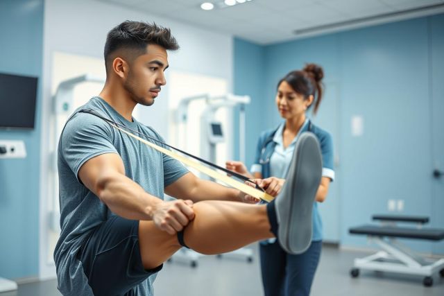 Physical therapy session. A young man performs a leg exercise with resistance band assistance in a modern, blue-toned clinic setting. A female therapist is present. Focus on rehabilitation, fitness, and healthcare.