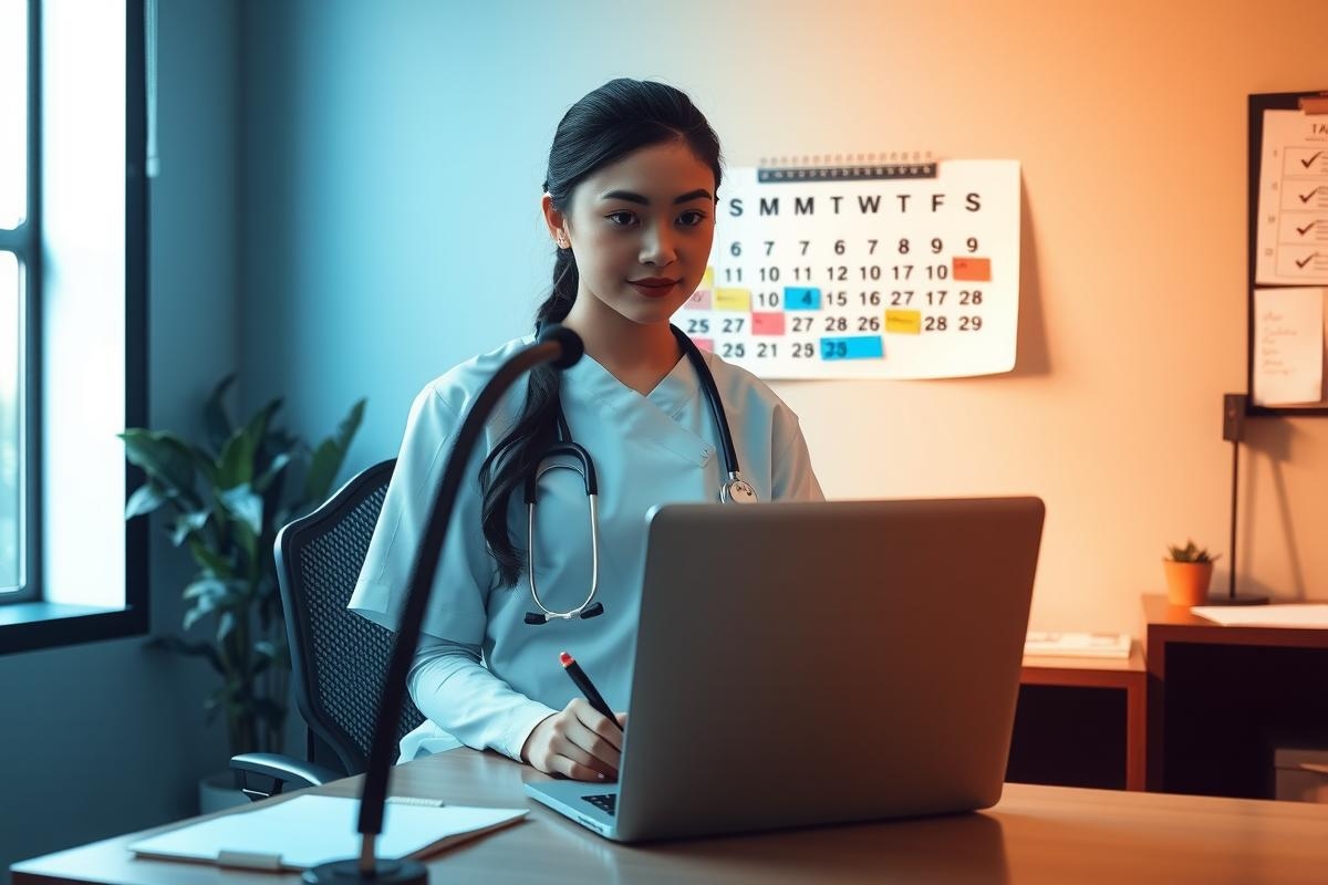 A professional woman, possibly a doctor or nurse, is working on a laptop in her office. The environment is clean and well-organized with a desk, chair, calendar, and potted plant.