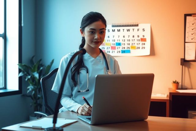 A professional woman, possibly a doctor or nurse, is working on a laptop in her office. The environment is clean and well-organized with a desk, chair, calendar, and potted plant.