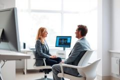 Business meeting in a modern office. Two professionals, a man and woman, are engaged in discussion near a computer monitor. Bright, neutral colors and a professional setting suggest collaboration and workplace communication.
