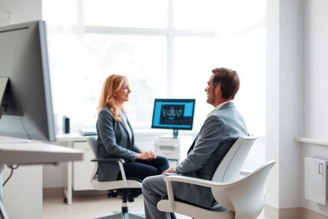Business meeting in a modern office. Two professionals, a man and woman, are engaged in discussion near a computer monitor. Bright, neutral colors and a professional setting suggest collaboration and workplace communication.