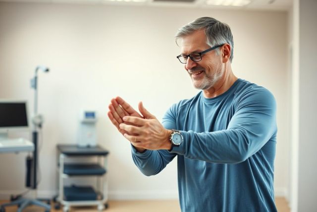 Mature man experiencing wrist pain in a medical clinic. He's wearing glasses and a blue shirt, looking down at his hand. The clean, bright room suggests physiotherapy or rehabilitation setting. Focus on hand pain, wrist injury, and healthcare.