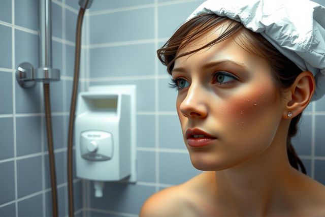 The image features a woman in a bathroom setting. She is wearing a white towel or cloth over her head, which suggests she might be preparing to wash her hair or take a shower. The bathroom walls are tiled, with light-colored tiles that provide a clean and bright environment.