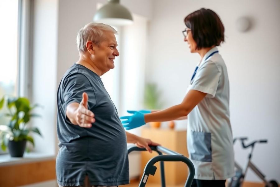 A healthcare worker assists an elderly man with a walker. The scene takes place indoors, suggesting caregiving or rehabilitation.  The man wears a blue shirt, and the caregiver wears a white coat and blue gloves. The setting appears bright and comfortable.