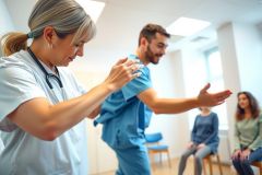 Medical professionals demonstrating physical therapy exercises in a bright, modern clinic setting. A female doctor and male therapist guide patients in a rehabilitation session, showcasing movement and care. The scene features neutral colors and a focus on healthcare and wellness.
