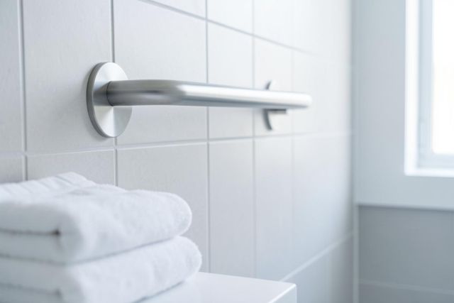 A sleek silver metal grab bar is installed on a clean white tiled wall in a bright bathroom.