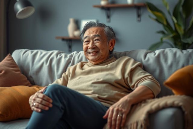 The image depicts an elderly man sitting comfortably on a couch in his living room. He is smiling, suggesting a relaxed and content demeanor. The room has a warm and inviting atmosphere with light gray walls, wooden furniture, and greenery.