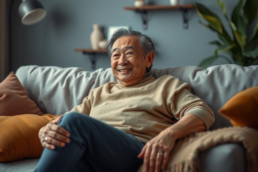 The image depicts an elderly man sitting comfortably on a couch in his living room. He is smiling, suggesting a relaxed and content demeanor. The room has a warm and inviting atmosphere with light gray walls, wooden furniture, and greenery.