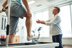 Physical therapy session. Man performing leg exercise with support bar in a bright, modern clinic setting. Therapist observing. Focus on rehabilitation, fitness, and healthcare. Blue and white tones.