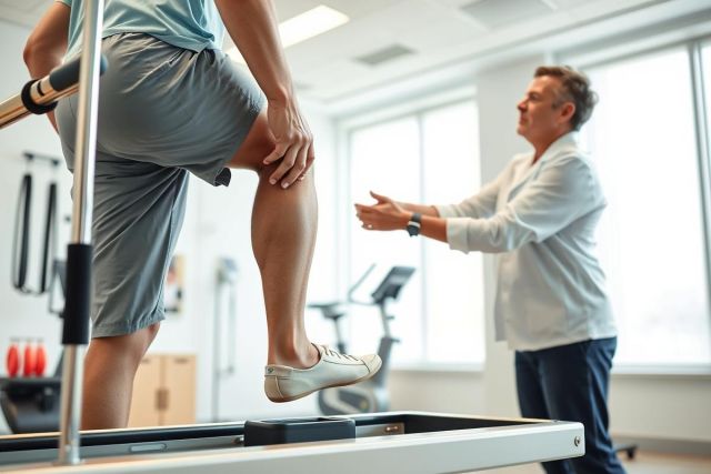 Physical therapy session. Man performing leg exercise with support bar in a bright, modern clinic setting. Therapist observing. Focus on rehabilitation, fitness, and healthcare. Blue and white tones.