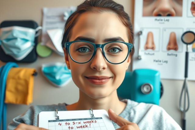 A woman, possibly a patient, wearing glasses and smiling at the camera. She is holding an appointment book and appears to be taking notes. The background is filled with various medical tools and equipment, indicating a professional healthcare setting.