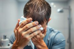 Close-up of a man washing his face with a white towel in a modern bathroom. Blue shirt, wet hair, and a clean, bright environment suggest skincare or grooming routine. Focus on hands and facial area. #skincare #grooming #bathroom #men