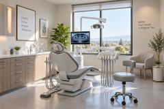 Modern dental operatory with treatment chair, instruments, panoramic x‑ray, and sunny window view.