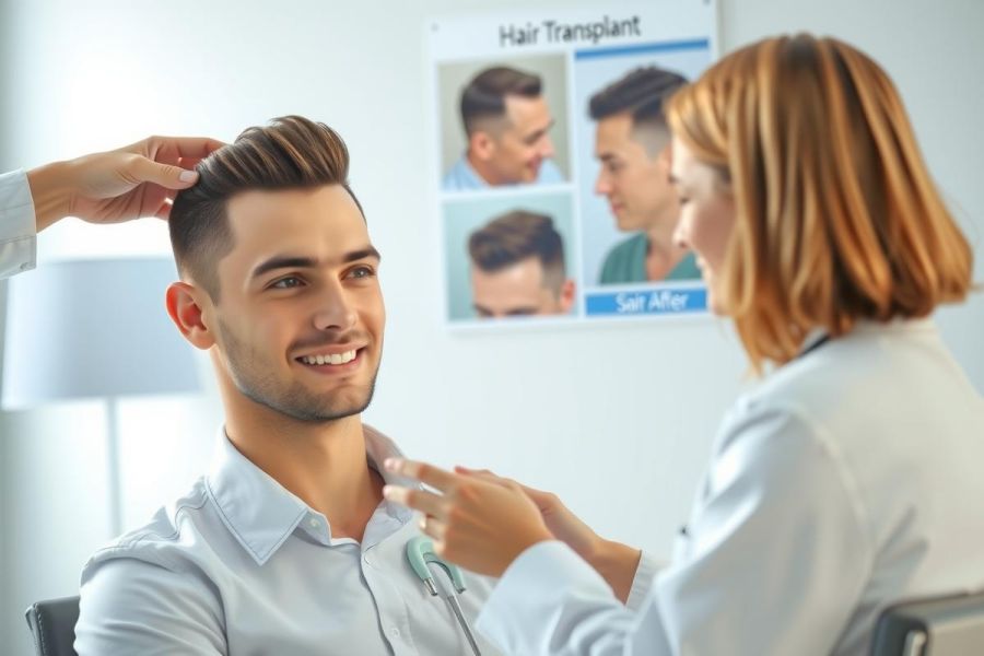 Man in a consultation with a medical professional, likely discussing hair restoration or a similar treatment. The setting appears to be a clinic or medical office with a focus on health and wellness.