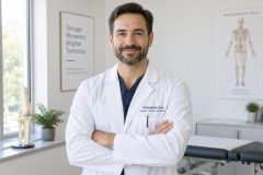 Smiling male orthopedic doctor in clinic with exam table, anatomical poster, and knee model.