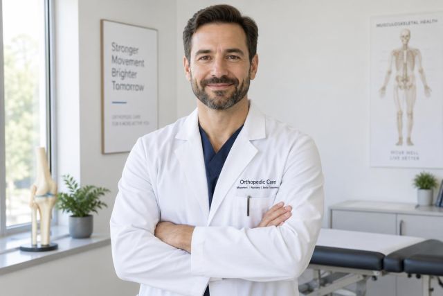 Smiling male orthopedic doctor in clinic with exam table, anatomical poster, and knee model.