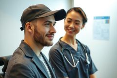 Two people, one in medical scrubs and the other in casual attire, are seen in a bright, modern office or healthcare setting. The image conveys a sense of collaboration or consultation, with a focus on professional and casual elements.