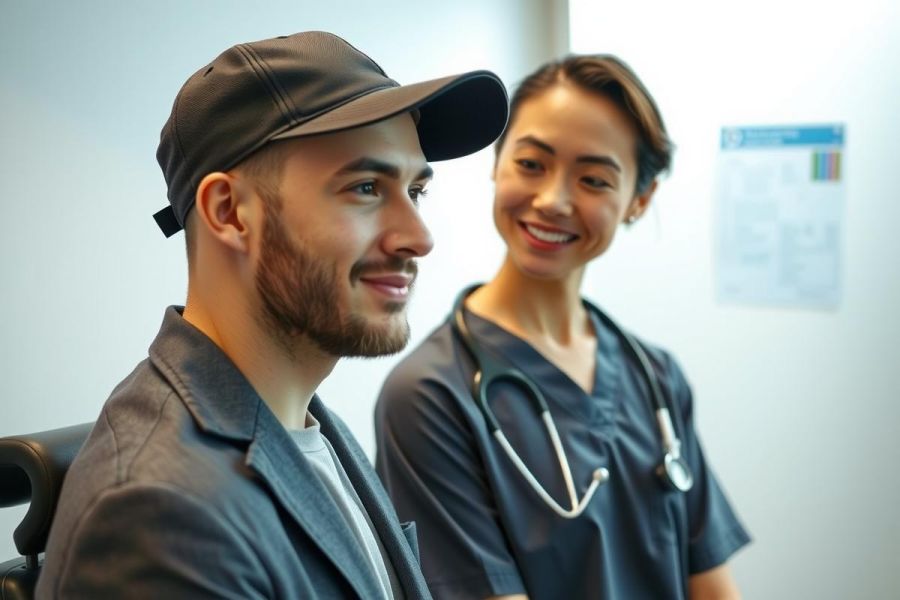 Two people, one in medical scrubs and the other in casual attire, are seen in a bright, modern office or healthcare setting. The image conveys a sense of collaboration or consultation, with a focus on professional and casual elements.