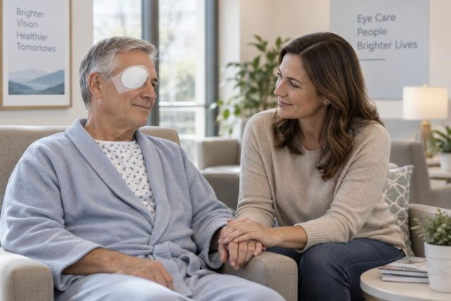Post-eye surgery patient with eye patch holding hands with supportive companion in clinic.