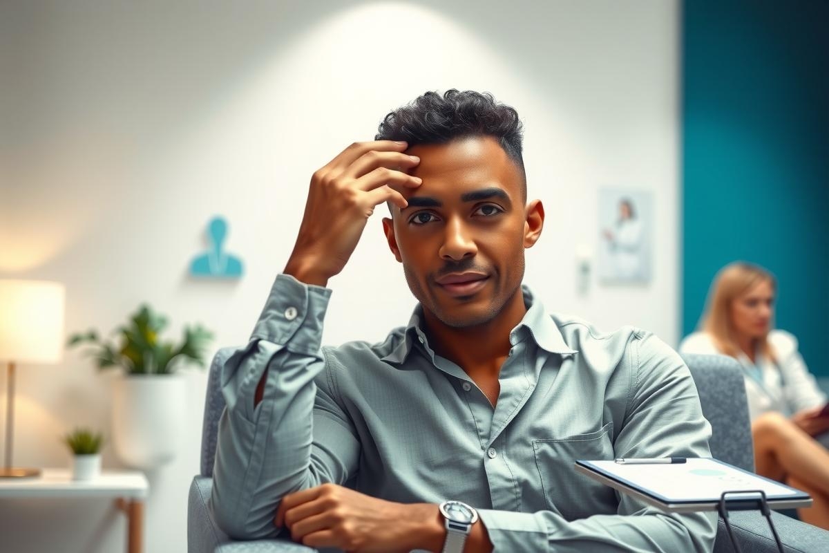 Man in a blue shirt sits on a chair in a modern office, looking thoughtful. Bright, airy space with plants and a woman visible in the background. Professional setting, casual attire.