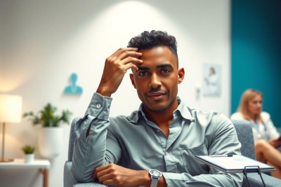 Man in a blue shirt sits on a chair in a modern office, looking thoughtful. Bright, airy space with plants and a woman visible in the background. Professional setting, casual attire.