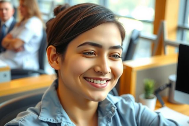 Smiling woman in an office environment, sitting at a desk with her hand on her chin. She is wearing casual clothing and appears engaged or amused by something off-camera. The office has modern furniture and natural light.