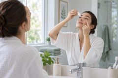 Woman in bathroom applying eye drops while looking into mirror, home eye-care recovery moment