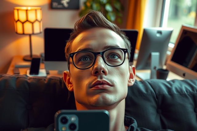 The image features a man sitting in an indoor setting with modern furniture, including a couch and monitors. He is wearing glasses and looking directly at the camera with a neutral expression. The lighting suggests it could be evening or low ambient room light. There are no distinctive objects or actions indicating specific contexts such as work or leisure.