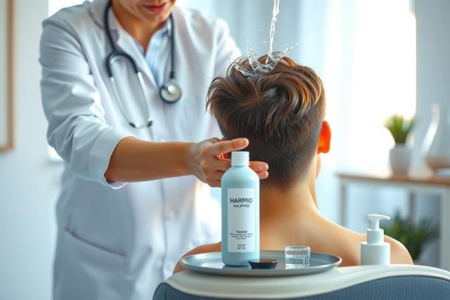 Doctor examining a patient, holding a bottle of shampoo. Medical checkup in a clinic setting with natural light. Focus on patient care and hygiene.