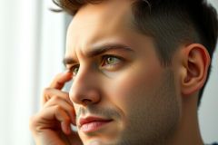 Close-up of a man looking out a window, exhibiting a thoughtful expression. The image highlights his face and the natural light, with a focus on contemplation and introspection.  Minimalist, portrait photography.