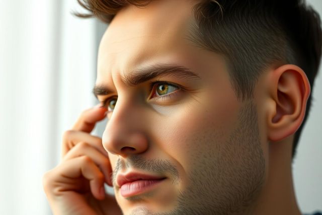 Close-up of a man looking out a window, exhibiting a thoughtful expression. The image highlights his face and the natural light, with a focus on contemplation and introspection.  Minimalist, portrait photography.