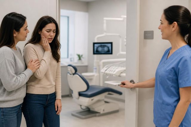 Patient holding jaw in dental clinic for evaluation, companion comforting, clinician opening exam room.