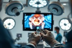 Surgical procedure in an operating room. Gloved hands holding surgical instruments are in focus, with a medical screen displaying a pelvic bone image in the background. Bright overhead lights illuminate the sterile environment. Represents orthopedic surgery, medical technology, and healthcare.