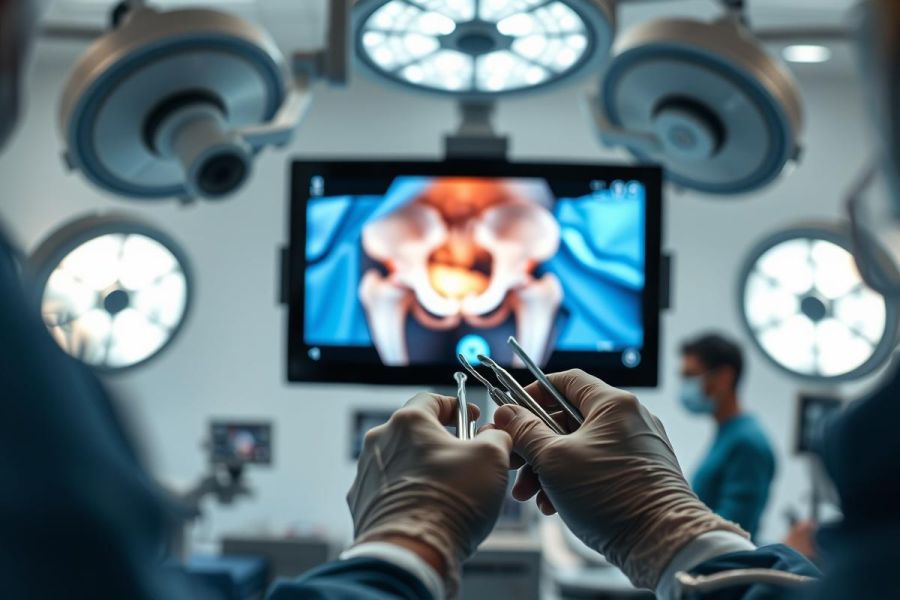 Surgical procedure in an operating room. Gloved hands holding surgical instruments are in focus, with a medical screen displaying a pelvic bone image in the background. Bright overhead lights illuminate the sterile environment. Represents orthopedic surgery, medical technology, and healthcare.