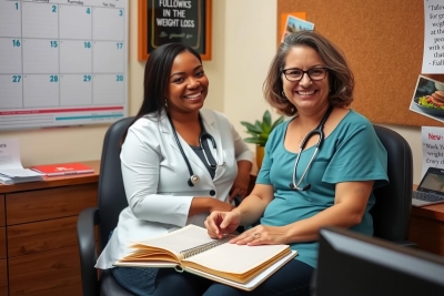 The painting depicts a professional setting, possibly a medical clinic. Two women are sitting at a table with files and books. One woman appears to be an older woman wearing glasses, while the other is a younger woman who may be a nurse or doctor, judging by her attire, which includes a white coat.