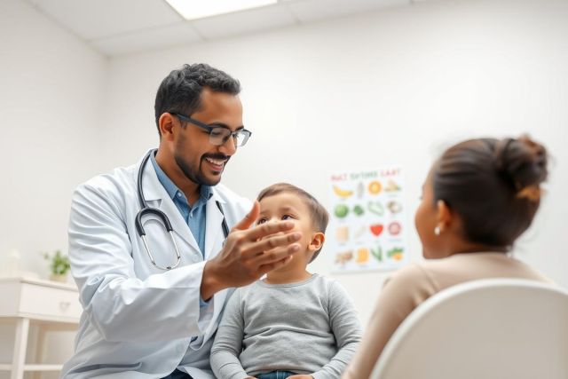Doctor examining a young child during a medical checkup in a bright, modern clinic. A mother sits nearby. The scene features a friendly doctor in a white coat and stethoscope, focusing on pediatric healthcare and wellness. Warm lighting and neutral colors create a reassuring atmosphere.