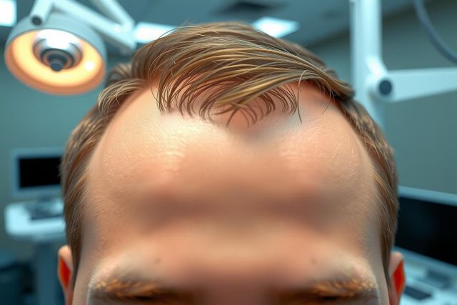 Close-up of a man's face in a medical setting, likely a doctor's office or operating room. Focus on skin texture and details, illuminated by bright overhead lights. Sterile environment with medical equipment visible in the background.