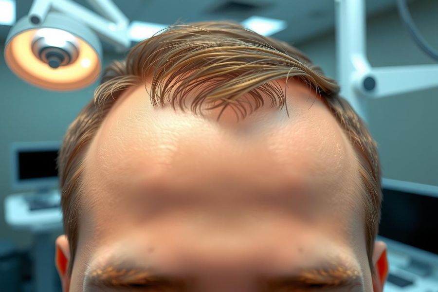 Close-up of a man's face in a medical setting, likely a doctor's office or operating room. Focus on skin texture and details, illuminated by bright overhead lights. Sterile environment with medical equipment visible in the background.