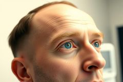 Close-up portrait of a person with striking blue eyes, looking upwards. The image is a detailed facial shot with shallow depth of field, featuring neutral skin tones and a blurred background.