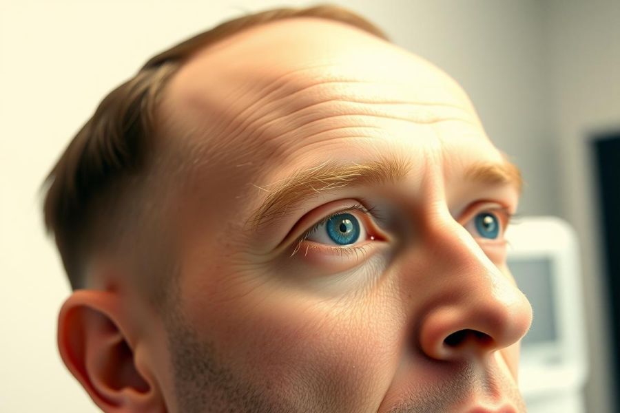 Close-up portrait of a person with striking blue eyes, looking upwards. The image is a detailed facial shot with shallow depth of field, featuring neutral skin tones and a blurred background.