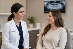 Dentist consulting a relaxed patient in a modern dental exam room with dental X-ray.