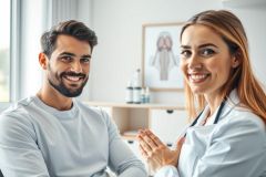 Friendly doctor and patient in a bright, modern medical office. The image features a smiling young man and a female doctor in a white coat, conveying a positive healthcare experience. A medical illustration hangs on the wall. Focus is on trust and care within a clinical setting.