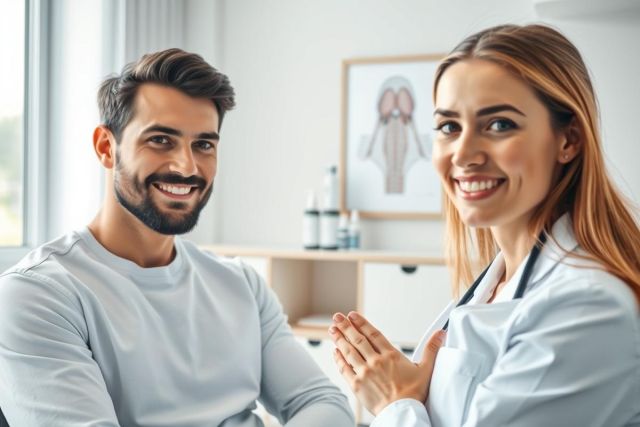 Friendly doctor and patient in a bright, modern medical office. The image features a smiling young man and a female doctor in a white coat, conveying a positive healthcare experience. A medical illustration hangs on the wall. Focus is on trust and care within a clinical setting.