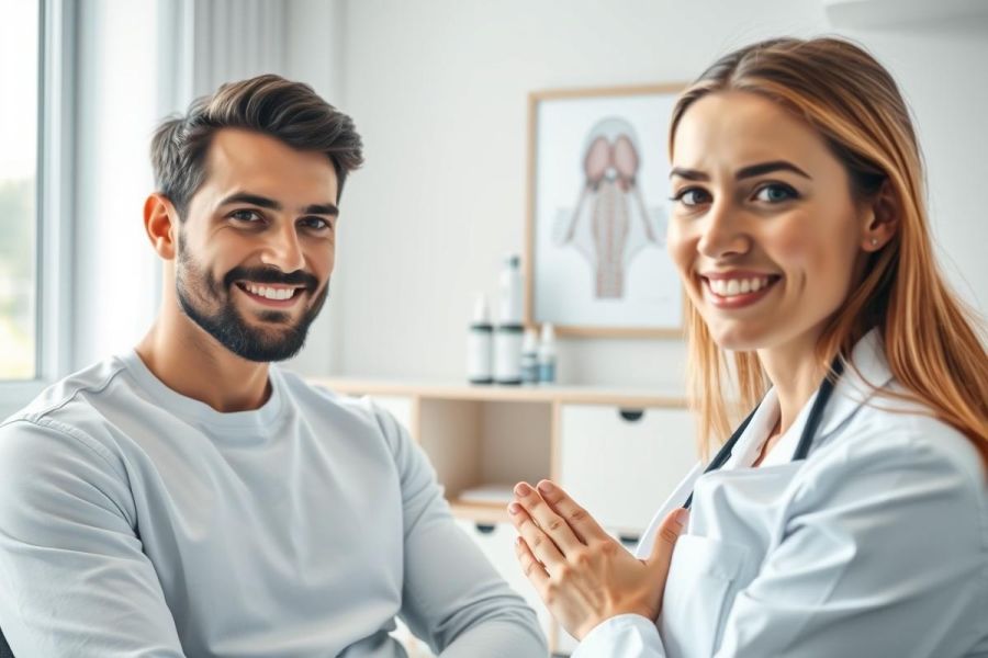 Friendly doctor and patient in a bright, modern medical office. The image features a smiling young man and a female doctor in a white coat, conveying a positive healthcare experience. A medical illustration hangs on the wall. Focus is on trust and care within a clinical setting.