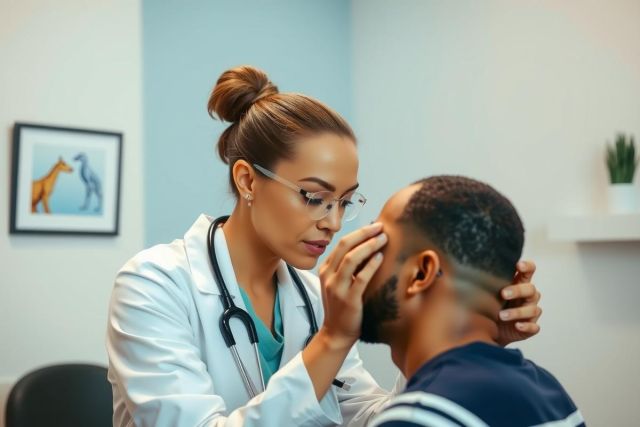 Doctor examining patient during checkup. Healthcare professional in white coat performs a medical assessment with a stethoscope. Close-up view in a clinic setting. 