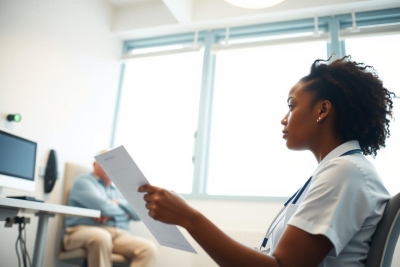 Healthcare worker reviewing patient documents in a medical office. Focus on patient care and clinical setting. Bright, professional environment.