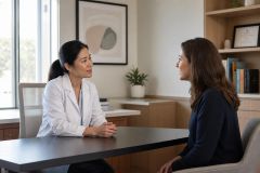 Doctor in white coat calmly consulting with patient across desk in an office.